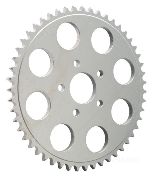 Couronne à chaîne; adaptable à Sportster 1986-1992; aluminium 7116 T6, argenté, satiné; déport: 0 mm; nombre de dents: 51; pas: 530 (5/8” x 3/8”); Ø collier centrage: 50 mm; USA; poids brut: 983 g