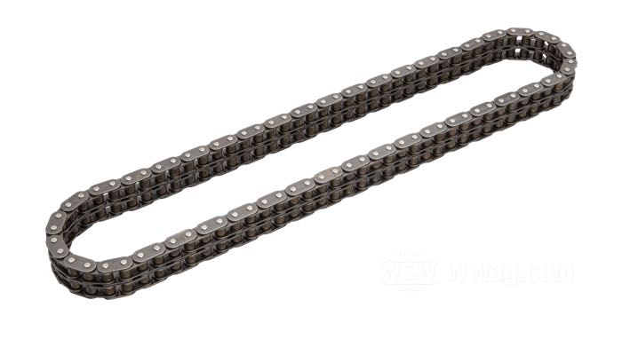 Primary chain by Tsubaki; fits 4-Speed Big Twin, Softail →2006, Dyna →2005; steel, oval side plates; pitch: 425x2 (1/2” x 5/16” x 8.51 x 2); number of links: 82; replaces OEM HD 40007-36B; gross weight: 1.6 kg