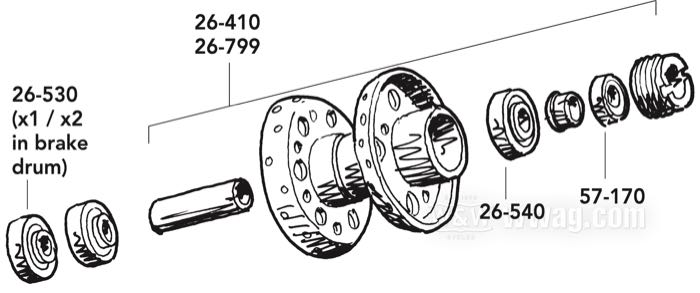 Wheel hub; fits FL(H) 1967-1972 front/rear, FX 1971-1972 rear; steel, black, painted; matching axle Ø: 17 mm; with all internal parts; replaces OEM HD 43540-67A; gross weight: 2.28 kg