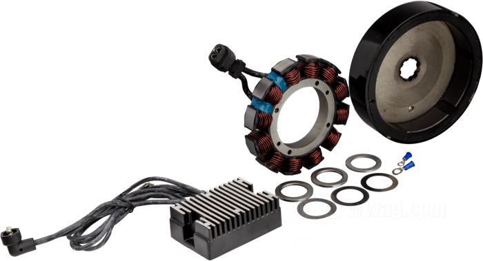 Charging system by Spyke; fits Big Twin 1970-1999 (exc. Twin Cam); 32 A; with black regulator; gross weight: 3.65 kg