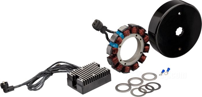 Charging system by Spyke; fits Big Twin 1970-1999 (exc. Twin Cam); 32 A; with black regulator; gross weight: 3.65 kg