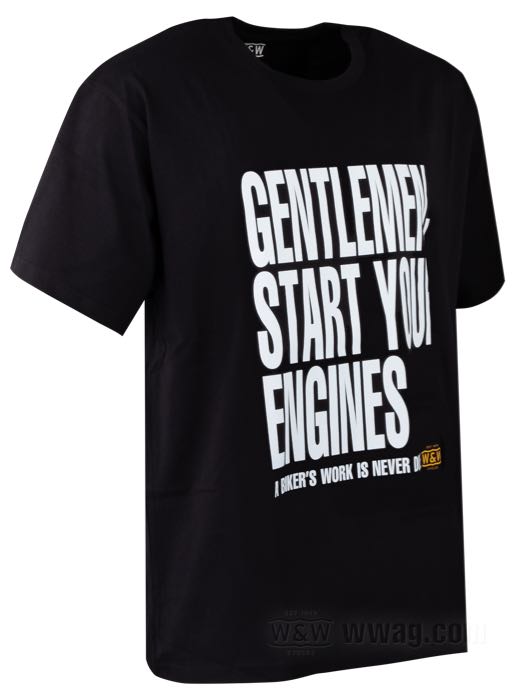 Maglietta »GENTLEMEN, START YOUR ENGINES!« di W&W Cycles; cotone 180 g/m², nero; taglia: S; uomini; peso lordo: 190 g