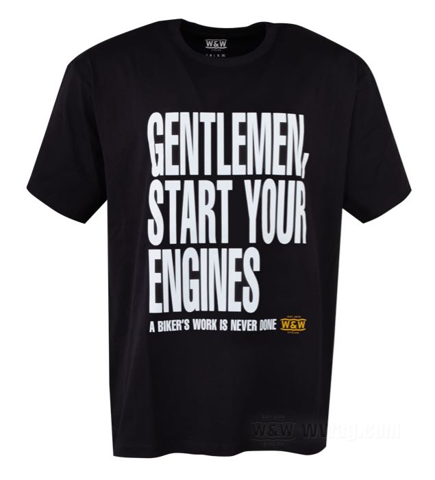 Maglietta »GENTLEMEN, START YOUR ENGINES!« di W&W Cycles; cotone 180 g/m², nero; taglia: S; uomini; peso lordo: 190 g