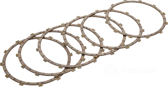 Set dischi d'attrito; atto per Big Twin tardi 1984-1989; guarnizione in composito fibra; acciaio; con 6 dischi d'attrito; rimpiazza OEM HD 37930-84A; peso lordo: 281 g