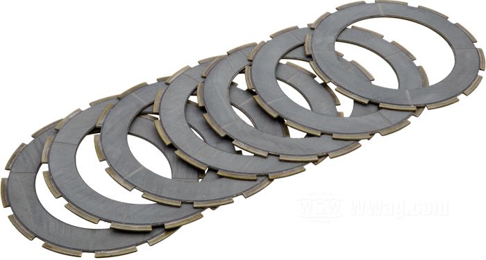 Set dischi d'attrito; atto per modello, Sportster →1970; guarnizione in composito fibra; acciaio; con 7 dischi d'attrito; rimpiazza OEM HD 37985-52A; peso lordo: 1.34 kg
