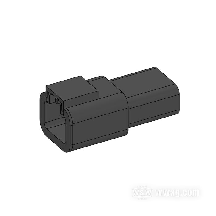Boîte de cosses mâles »DTP« de Deutsch; pour Regulateur; adaptable à Dyna models 2006-2007, Softail 2007; polyamide, noir; 25 A; pour fils de: ~ 2.0 - 6.0 mm² (AWG 14-10); remplace OEM HD 72602-06BK; poids brut: 12 g