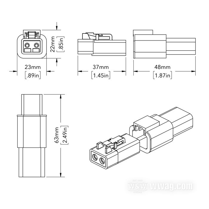 Boîte pour cosses femelles »DTP« de Deutsch; pour Regulateur; adaptable à Dyna models 2006-2007, Softail 2007; polyamide, noir; 25 A; pour fils de: ~ 2.0 - 6.0 mm² (AWG 14-10); remplace OEM HD 72612-06BK; poids brut: 8 g