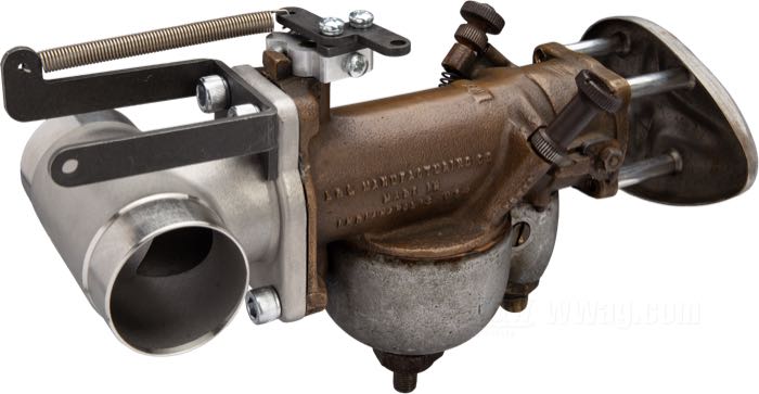 Kit conversion de Bates; pour Câble de tirage; pour carburateurs Linkert série M avec bride de 4 vis; adaptable à Knucklehead et Panhead 1940-1965; acier, parkerisé; avec collier de câble et ressort; Allemagne; CONSEIL: does not fit 1963-1965 cast aluminum manifoilds with reinforcement ribs (#27027-55A); poids brut: 93 g