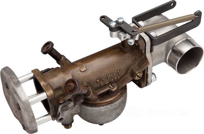 Kit conversion de Bates; pour Câble de tirage; pour carburateurs Linkert série M avec bride de 4 vis; adaptable à Knucklehead et Panhead 1940-1965; acier, parkerisé; avec collier de câble et ressort; Allemagne; CONSEIL: does not fit 1963-1965 cast aluminum manifoilds with reinforcement ribs (#27027-55A); poids brut: 93 g