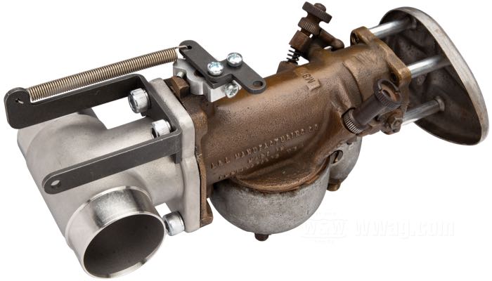 Kit conversion de Bates; pour Câble de tirage; pour carburateurs Linkert série M avec bride de 4 vis; adaptable à Knucklehead et Panhead 1940-1965; acier, parkerisé; avec collier de câble et ressort; Allemagne; CONSEIL: does not fit 1963-1965 cast aluminum manifoilds with reinforcement ribs (#27027-55A); poids brut: 93 g