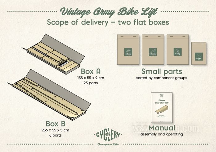 Piattaforma di lavoro / sollevatore per moto - Kit fai da te »Vintage Army« di The Cyclery; legno lamellare (abete) / acciaio, Kit; L x L x A: 234 x 56 x 54 cm; Germania; peso lordo: 52 kg
