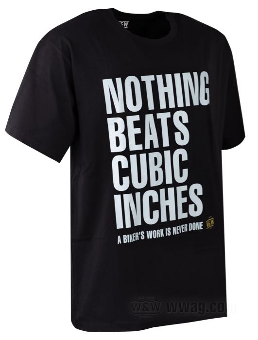T-Shirt »NOTHING BEATS CUBIC INCHES« von W&W Cycles; Baumwolle 180 g/m², schwarz; Größe: XL; Männer; Bruttogewicht: 196 g