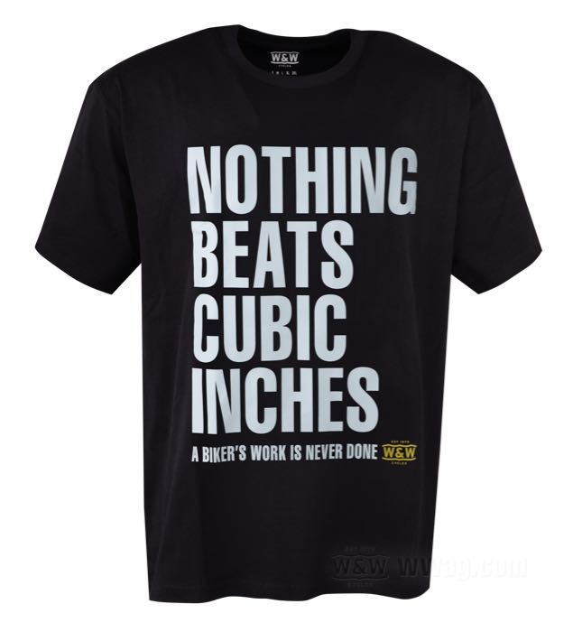T-Shirt »NOTHING BEATS CUBIC INCHES« von W&W Cycles; Baumwolle 180 g/m², schwarz; Größe: XL; Männer; Bruttogewicht: 196 g