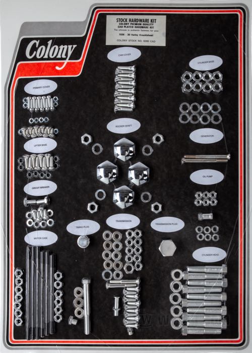 Bolt/screw kit by Colony; for Engine / Transmission; fits Knucklehead 1936-1939; steel, CAD (ZnNi process); USA; gross weight: 2.59 kg