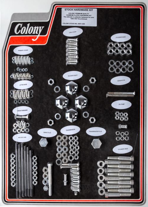 Bolt/screw kit by Colony; for Engine / Transmission; fits Knucklehead 1940-1947; steel, CAD (ZnNi process); USA; gross weight: 2.68 kg