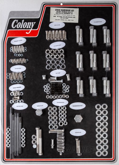 Bolt/screw kit by Colony; for Engine / Transmission; fits Big Twin sidevalves with cast iron heads 1940-1948; steel, CAD (ZnNi process); USA; gross weight: 2.7 kg