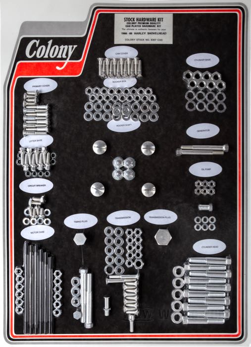 Bolt/screw kit by Colony; for Engine / Transmission; fits Shovelhead 1966-1969; steel, CAD (ZnNi process); USA; gross weight: 2.61 kg