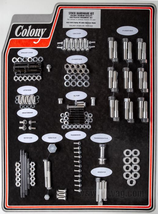 Bolt/screw kit by Colony; for Engine / Transmission; fits 750cc sidevalves with cast iron heads 1937-1973; steel, CAD (ZnNi process); USA; gross weight: 2.43 kg