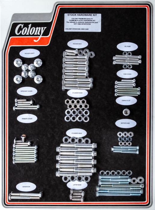 Bolt/screw kit by Colony; for Engine / Transmission; fits XL 1977-1980; steel, CAD (ZnNi process); USA; gross weight: 2.65 kg