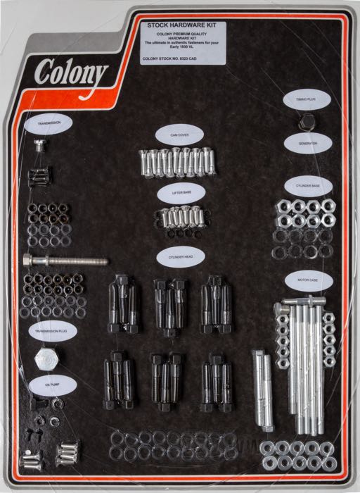Bolt/screw kit by Colony; for Engine / Transmission; fits V models early 1930; steel, CAD (ZnNi process); USA; gross weight: 2.4 kg