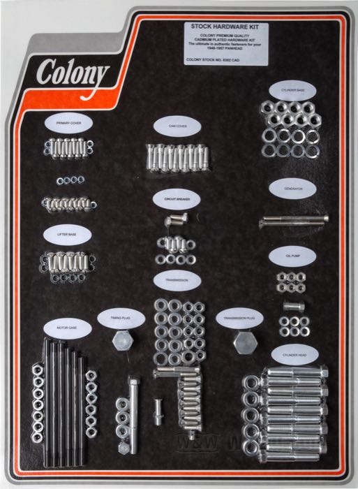 Bolt/screw kit by Colony; for Engine / Transmission; fits Panhead 1948-1957; steel, CAD (ZnNi process); USA; gross weight: 2.28 kg