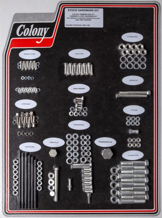 Bolt/screw kit by Colony; for Engine / Transmission; fits Panhead 1958-1965; steel, CAD (ZnNi process); USA; gross weight: 2.37 kg