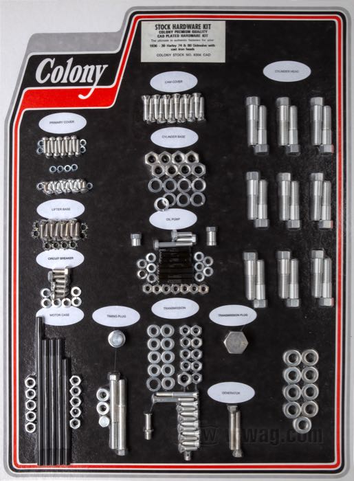 Bolt/screw kit by Colony; for Engine / Transmission; fits Big Twin sidevalves with cast iron heads 1937-1939; steel, CAD (ZnNi process); USA; gross weight: 2.67 kg