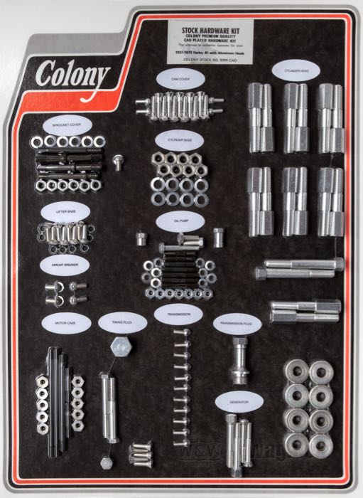 Bolt/screw kit by Colony; for Engine / Transmission; fits 750cc sidevalves with aluminum heads 1937-1973; steel, CAD (ZnNi process); USA; gross weight: 3.04 kg