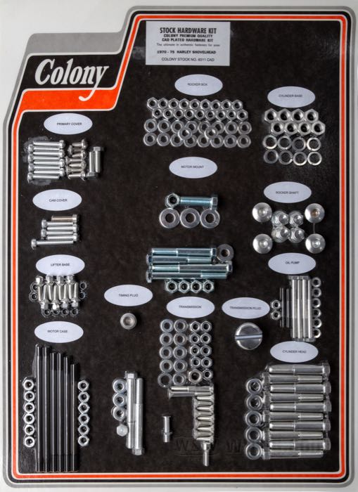 Bolt/screw kit by Colony; for Engine / Transmission; fits Shovelhead 1970-1975; steel, CAD (ZnNi process); USA; gross weight: 2.87 kg