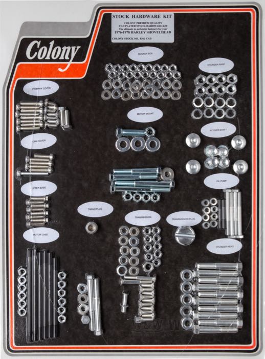 Bolt/screw kit by Colony; for Engine / Transmission; fits Shovelhead 1976-1978; steel, CAD (ZnNi process); USA; gross weight: 2.85 kg