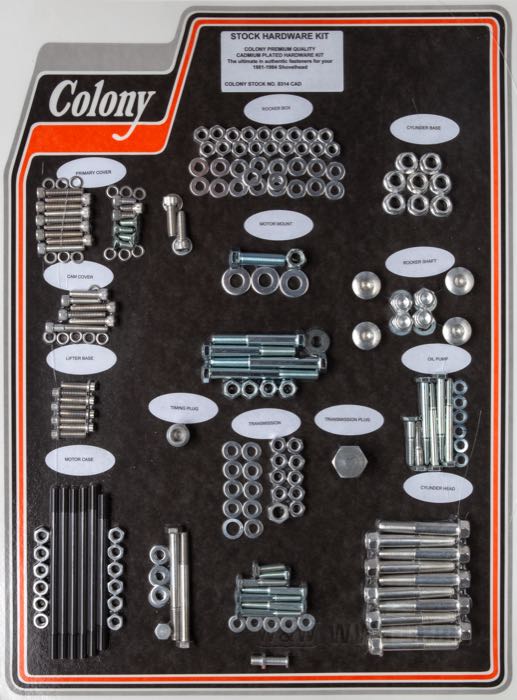 Bolt/screw kit by Colony; for Engine / Transmission; fits Shovelhead 1981-1984; steel, CAD (ZnNi process); USA; gross weight: 2.73 kg
