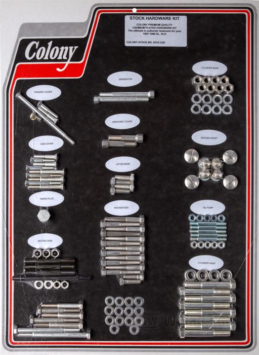 Bolt/screw kit by Colony; for Engine / Transmission; fits XL, XLH 1957-1966; steel, CAD (ZnNi process); USA; gross weight: 2.62 kg