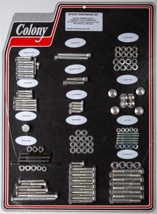 Bolt/screw kit by Colony; for Engine / Transmission; fits XLH 1967-1970, XLCH 1970; steel, CAD (ZnNi process); USA; gross weight: 2.68 kg