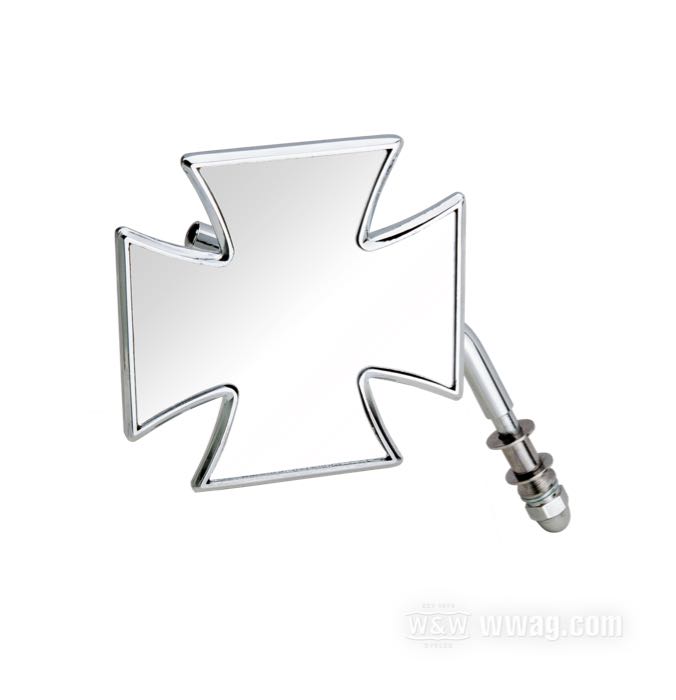 Rückspiegel »Malteserkreuz Standard«; passend für Modelle 1965→; Aluminiumguss, verchromt, kurzer Arm; Montageposition: links und rechts; Maße Spiegelglas B x H: 10.5 X 10.5 cm; Länge L1: 96 mm; Länge L2: 30 mm; Winkel α: 60 °; mit Kleinteilen