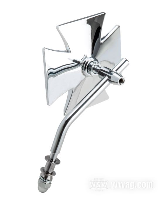 Rückspiegel »Malteserkreuz Standard«; passend für Modelle 1965→; Aluminiumguss, verchromt, kurzer Arm; Montageposition: links und rechts; Maße Spiegelglas B x H: 10.5 X 10.5 cm; Länge L1: 96 mm; Länge L2: 30 mm; Winkel α: 60 °; mit Kleinteilen