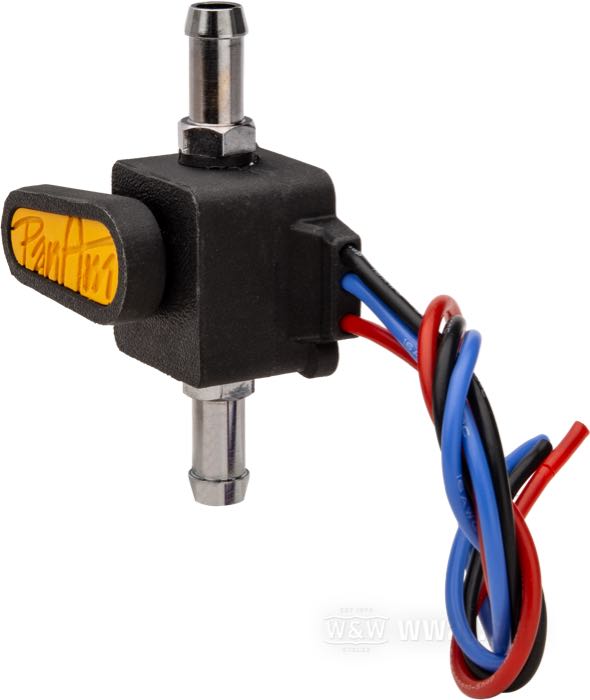 Valve de Fermeture de PanAm; adaptable à les modèles d'avant 1999 et les allumages custom; pour les durites de DI 3/8”; laiton / acier inox / Nylon renforcé par fibres de carbone - PA6-CF, noir / jaune, chromé; L x H x P: 38 x 41 x 36.5 mm; avec fils électriques de 30 cm; poids brut: 140 g