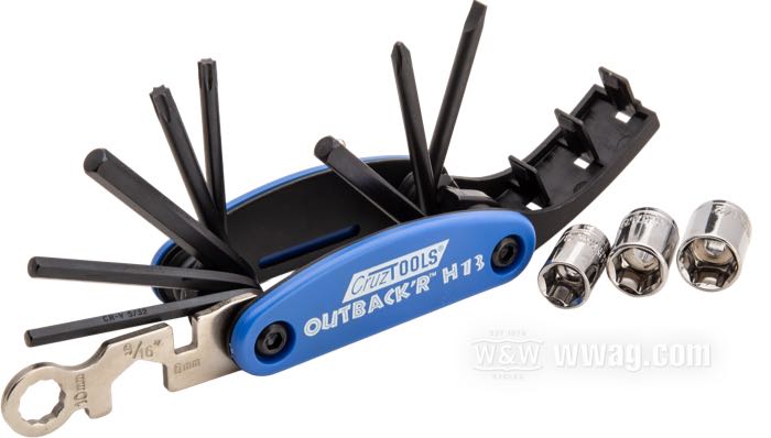 Multitool »Outback'r H13« by CruzTools; chrome-vanadium steel; SAE; with Hex keys: 5/32“, 3/16“, 1/4“ – Torx: T25, T27 – Screwdriver: 5x0.8, PH2 –  1/4” socket drive – sockets: 3/8“, 7/16“, 1/2“ – box: 10mm – open end: 9/16” - spoke wrench: 6mm; gross weight: 310 g