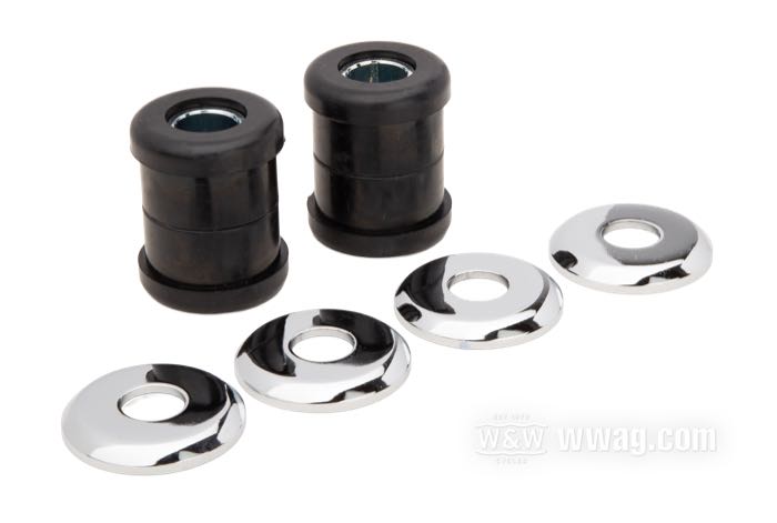 Douilles de risers; adaptable à modèles FL et FX 1973-1984, Sportster 1973-2003, FXR 1983-1994, Dyna 1991-2017, Softail 1984-2017 (sauf Springer); caoutchouc; avec rondelles chromées, douilles; remplace OEM HD 56158-73, 56159-73 et 56156-86; poids brut: 150 g