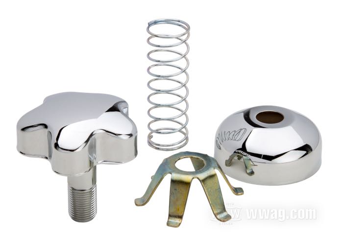 Knob; for Steering damper; fits Wide Glide forks 1949-1959; spring steel / steel; replaces OEM HD 46740-48, 46751-48, 46710-48, and 46715-48; USA; gross weight: 190 g