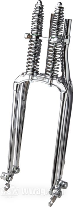 Horquilla Springer »I-Beam inline« de Cannonball; apropiado para 4-speed Big Twins 1937-1986; rosca interior de la pipa de dirección: 3/4”-14 UNS, rosca exterior de la pipa de dirección: 1”-24 UNS; acero, cromado, resortes cromados; largo: 19.6”; rake: 0 °; sobra/acortamiento: original; peso bruto: 19.76 kg