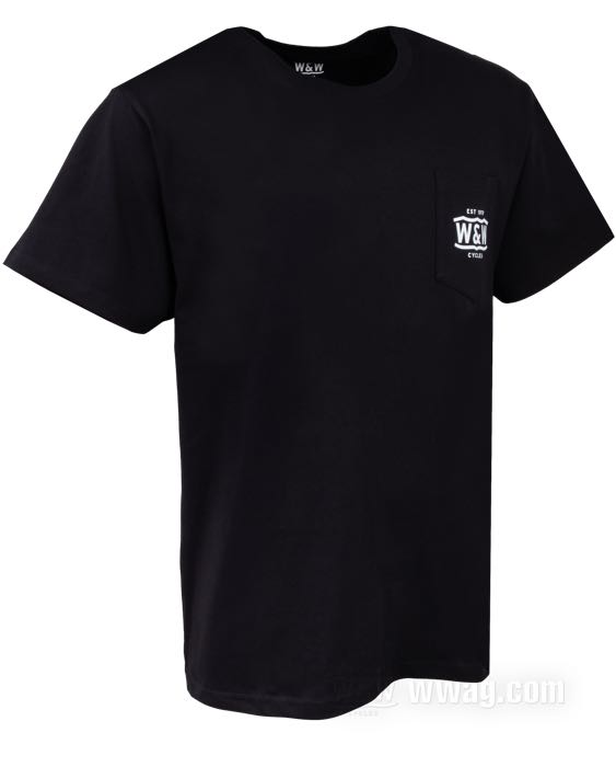 Camiseta de W&W Cycles; con bolsillo en el pecho; algodón 200 g/m², negro, con estampado de logo blanco; tamaño: S; peso bruto: 194 g