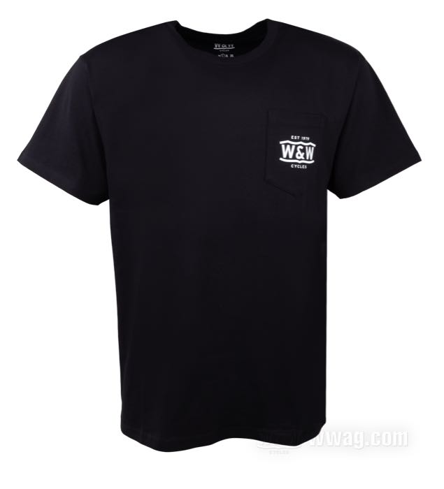 Camiseta de W&W Cycles; con bolsillo en el pecho; algodón 200 g/m², negro, con estampado de logo blanco; tamaño: S; peso bruto: 194 g