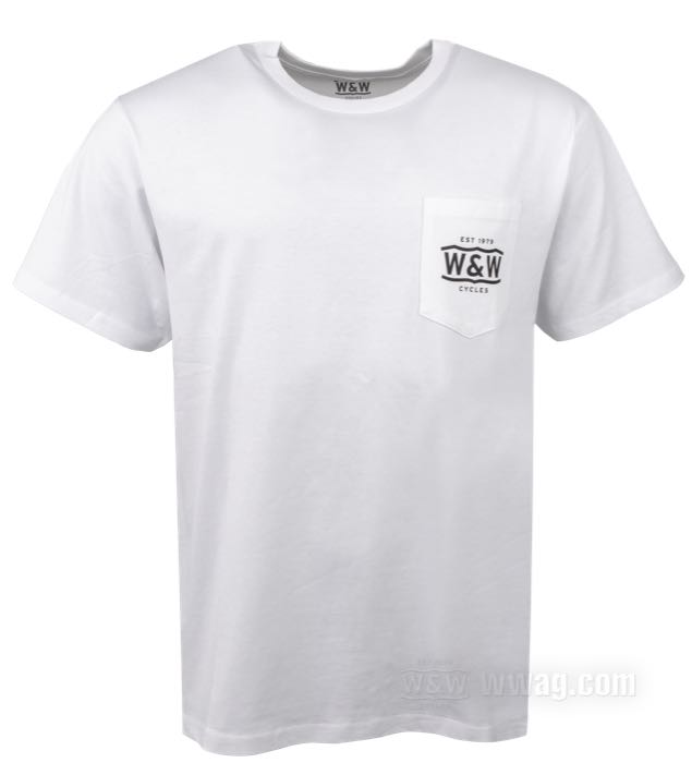 Camiseta de W&W Cycles; con bolsillo en el pecho; algodón 200 g/m², blanco, con estampado de logo negro; tamaño: S; peso bruto: 190 g