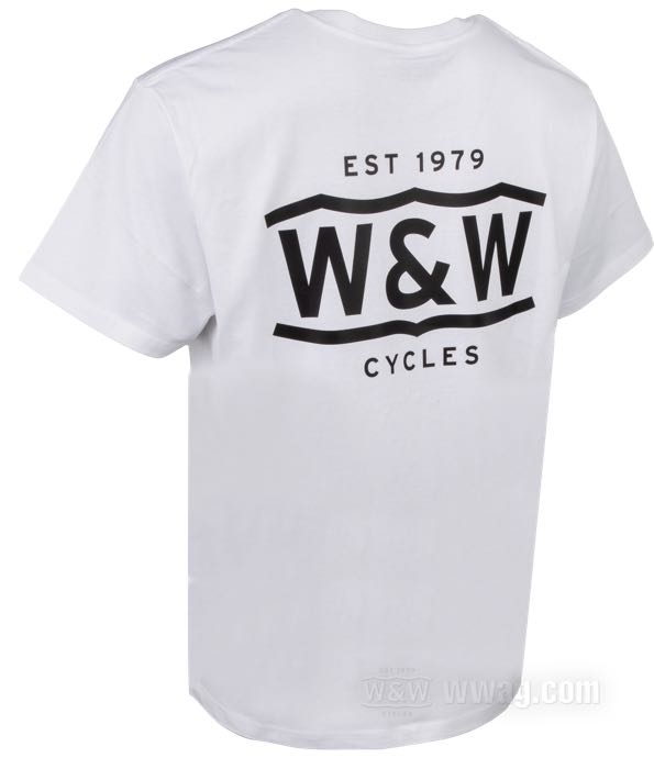 Camiseta de W&W Cycles; con bolsillo en el pecho; algodón 200 g/m², blanco, con estampado de logo negro; tamaño: S; peso bruto: 190 g