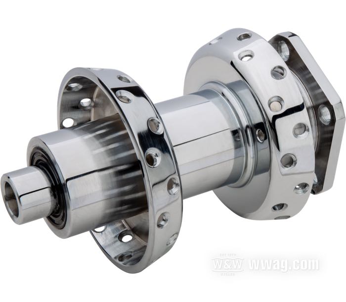 Moyeu avant »large«; adaptable à FXWG 1984-1986, Softail FXSTS/B Late 1988-1999, Softail FXST/C 1984-1999, Softail, Dyna FXDWG 1993-1999; acier, chromé; Ø collier centrage: 50 mm; flanc unique, trous de 5/16”; Ø de l'axe: 3/4 ”; position: avant; avec toutes les pièces internes; remplace OEM HD 43672-84 et 43677-88; poids brut: 3.4 kg