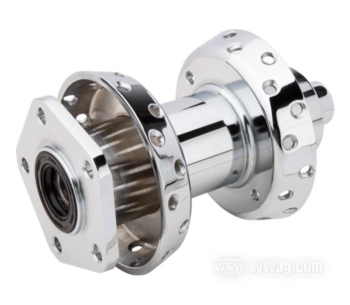 Moyeu avant »large«; adaptable à FXWG 1984-1986, Softail FXSTS/B Late 1988-1999, Softail FXST/C 1984-1999, Softail, Dyna FXDWG 1993-1999; acier, chromé; Ø collier centrage: 50 mm; flanc unique, trous de 5/16”; Ø de l'axe: 3/4 ”; position: avant; avec toutes les pièces internes; remplace OEM HD 43672-84 et 43677-88; poids brut: 3.4 kg