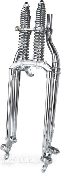 Horquilla Springer »Classic inline« de The Cyclery; apropiado para Big Twin 1937-early 1946; rosca interior de la pipa de dirección: 3/4”-14 UNS, rosca exterior de la pipa de dirección: 1”-24 UNS; acero, cromado, resortes cromados; largo: 19”; rake: 0 °; sobra/acortamiento: original