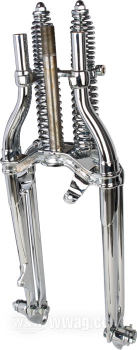 Horquilla Springer »Classic inline« de The Cyclery; apropiado para Big Twin 1937-early 1946; rosca interior de la pipa de dirección: 3/4”-14 UNS, rosca exterior de la pipa de dirección: 1”-24 UNS; acero, cromado, resortes cromados; largo: 19”; rake: 0 °; sobra/acortamiento: original