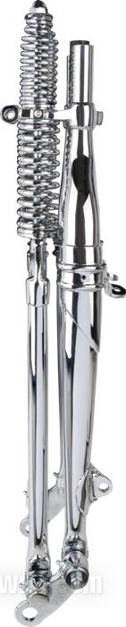 Horquilla Springer »Classic inline« de The Cyclery; apropiado para Big Twin 1937-early 1946; rosca interior de la pipa de dirección: 3/4”-14 UNS, rosca exterior de la pipa de dirección: 1”-24 UNS; acero, cromado, resortes cromados; largo: 19”; rake: 0 °; sobra/acortamiento: original