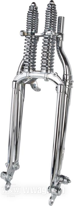 Horquilla Springer »Classic offset« de The Cyclery; apropiado para Big Twin late 1946-1949; rosca interior de la pipa de dirección: 3/4”-14 UNS, rosca exterior de la pipa de dirección: 1”-24 UNS; acero, cromado, resortes cromados; largo: 19”; rake: -3 °; sobra/acortamiento: original